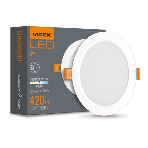LED downlight 6W - rundt, neutral hvid, 230V, 620lm, 6W forbrug