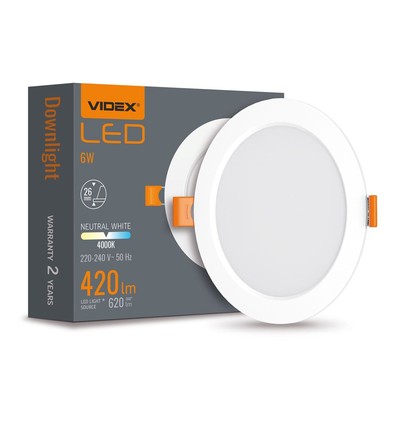 LED downlight 6W - rundt, neutral hvid, 230V, 620lm, 6W forbrug