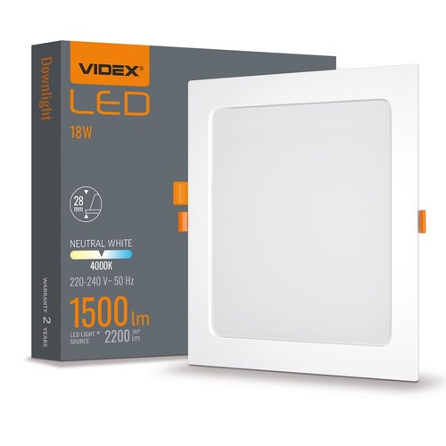 Led downlight 18W - firkantet, neutral hvid, 230V, 2200lm, forbrug 18W