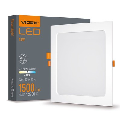 Led downlight 18W - firkantet, neutral hvid, 230V, 2200lm, forbrug 18W