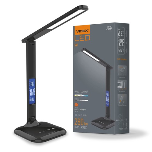 5W LED dæmpbar skrivebordslampe - Sort, 3-trin CCT, display med ur/temp, touch-styring