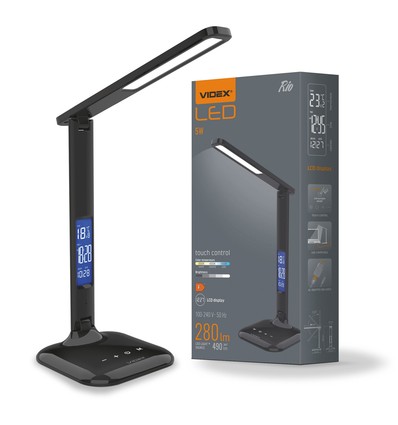 5W LED dæmpbar skrivebordslampe - Sort, 3-trin CCT, display med ur/temp, touch-styring