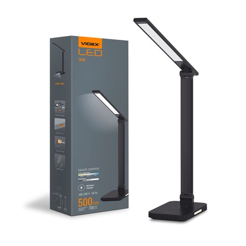 Led skrivebordslampe - trådløs opladning, sort, 230V, 700lm, 18W
