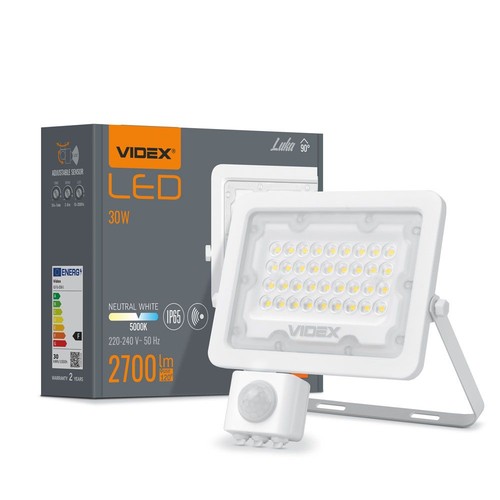Luca strålelys 30W - LED, PIR-sensor, neutral hvid, 230V, 2700lm, forbrug 30W