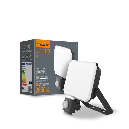 Flood strålelys 30W - LED, med bevægelsessensor, PIR, 5000K, 230V, 2400lm