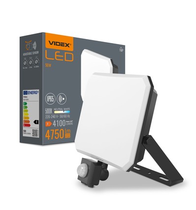 Flood strålelys 50W - LED, med bevægelsessensor, PIR, 5000K, 230V, 4100lm