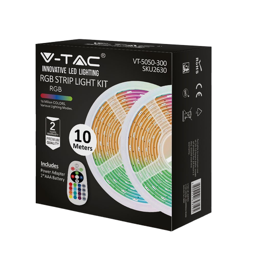 10m (2x5m) RGB strip sæt - inkl. fjernbetjening og strømforsyning, 4,8W/m, IP20