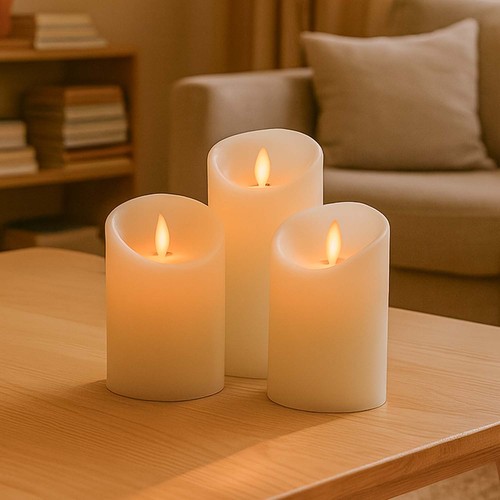 LED Bloklys, 3 stk, Ø7,5cm, bevægelig flamme, hvid - Inkl. fjernbetjening og timer, 10/15/20cm høj, ægte stearin