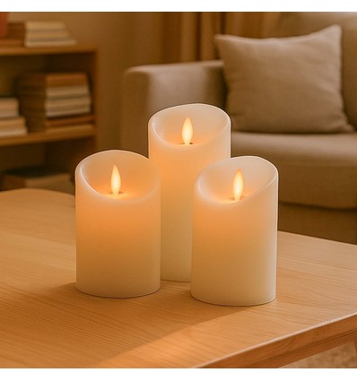 LED Bloklys, 3 stk, Ø7,5cm, bevægelig flamme, hvid - Inkl. fjernbetjening og timer, 10/13/15cm høj, ægte stearin
