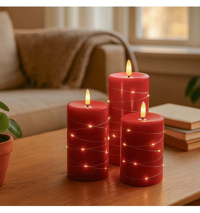 LED Bloklys 3 stk sæt med lyskæde, flammeeffekt - Ø7,5cm, 10/12,5/15cm høj, inkl. fjernbetj, timer, ægte stearin, Rød