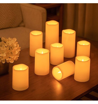 9-pak LED Udendørs bloklys, inkl. fjernbetjening, Ø5,5cm - Højde: 13/15/17,5cm, Batteri, timerfunktion, trådløs, tåler vand