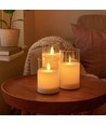 LED Bloklys sæt i glas Ø7,5cm, 3 stk, vippende flamme - Inkl. fjernbetjening og timer, 10/12,5/15cm høj, ægte stearin
