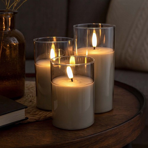 LED Bloklys sæt i gråtonet glas Ø7,5cm, 3 stk, flammeeffekt - Inkl. fjernbetjening og timer, 10/12,5/15cm høj, ægte stearin