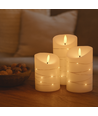 LED Bloklys 3 stk sæt med lyskæde, flammeeffekt - Ø7,5cm, 10/12,5/15cm høj, inkl. fjernbetjening, timer, ægte stearin