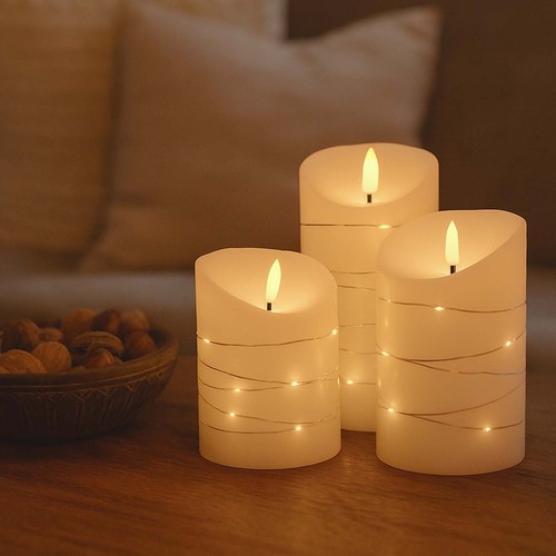 LED Bloklys 3 stk sæt med lyskæde, flammeeffekt - Ø7,5cm, 10/12,5/15cm høj, inkl. fjernbetj, timer, ægte stearin