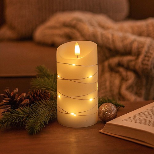 LED Bloklys med lyskæde, 15cm høj, flammeeffekt - Ø7,5cm, 15cm høj, virker m. fjernbetj, ægte stearin