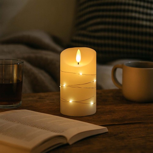 LED Bloklys med lyskæde, 12,5cm høj, flammeeffekt - Ø7,5cm, 12,5cm høj, virker m. fjernbetj, ægte stearin