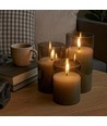 LED Bloklys sæt i gråtonet glas Ø7,5cm, 3 stk, flammeeffekt - Inkl. fjernbetjening og timer, 10/12,5/15cm høj, ægte stearin