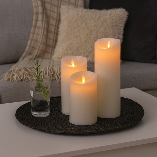 LED Bloklys XL, 3 stk, Ø10cm, 17,5/22,5/30cm høj, bevægelig flamme, hvid - Inkl. fjernbetjening og timer, , ægte stearin