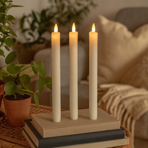3-pak hvide LED stearinlys, flammeeffekt - Ø2,2cm, Højde: 24,5cm, kronelys, inkl. fjernb., timer, batteri