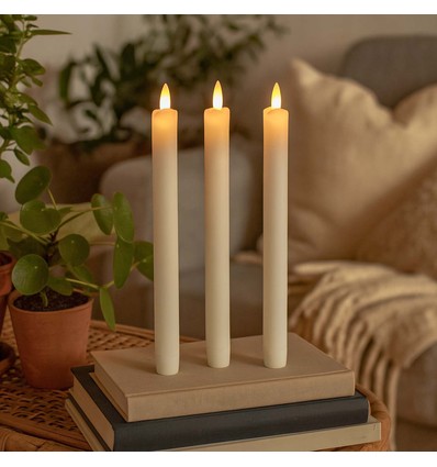 3-pak hvide LED stearinlys, flammeeffekt - Ø2,2cm, Højde: 24,5cm, kronelys, inkl. fjernb., timer, batteri