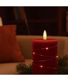 LED Bloklys med lyskæde, 12,5cm høj, flammeeffekt - Ø7,5cm, 10cm høj, virker m. fjernbetj, ægte stearin, rød