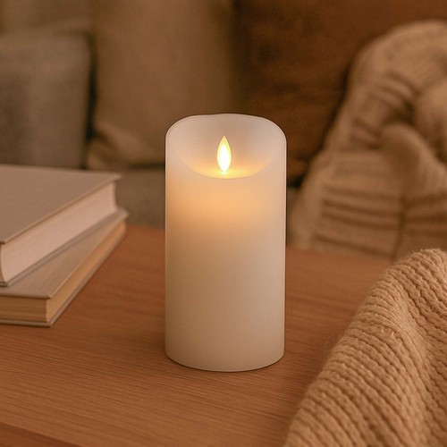 LED XL Bloklys 17,5cm høj, flammeeffekt, hvid - Ø10cm, 17,5cm høj, virker med fjernbetj, timer, ægte stearin