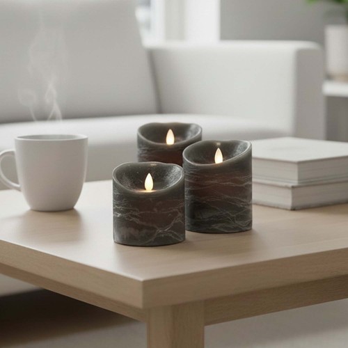 LED Bloklys Ø10cm, 3 stk, bevægelig flamme, sort meleret - Inkl. fjernbetjening og timer, 10/12,5/15cm høj, ægte stearin