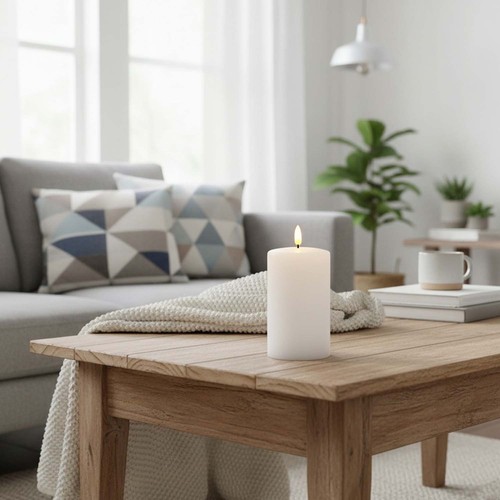 LED Bloklys 12,5cm høj, smelte-look, flammeeffekt - Ø7,5cm, 12,5cm høj, virker m. fjernbetj, timer, ægte stearin