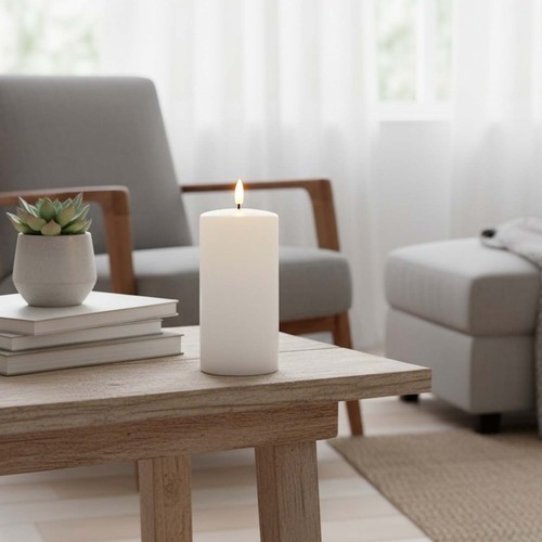 LED Bloklys 15cm høj, smelte-look, flammeeffekt - Ø7,5cm, 15cm høj, virker m. fjernbetj, timer, ægte stearin