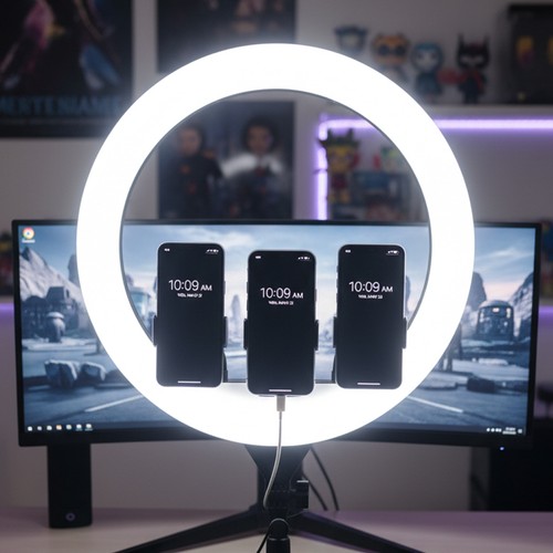 LED Ring light med stativ - 55W, Ø44cm, 3 telefonholdere, fjernbetjening, 3200K-5800K