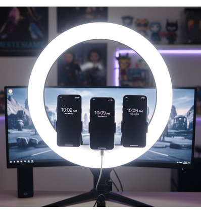 LED Ring light med stativ - 55W, Ø44cm, 3 telefonholdere, fjernbetjening, 3200K-5800K