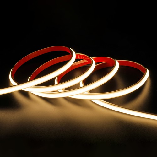 5m 9W/m vandtæt slim COB strip - 230V, IP67, 296 LED/m, tape på bagsiden, op til 50m