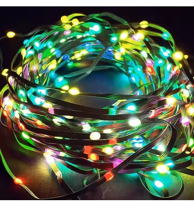 10m RGBIC LED lyskæde - 5V, IP20, 100 LED, grøn ledning, fjernbetjening + bluetooth, USB