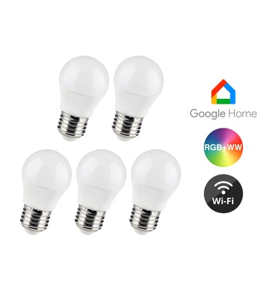 5 stk. Wifi LED pære - 5W, Tuya/Smart Life, virker med Google Home, E27, G45