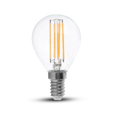 E14 4W LED filament pære - P45, klar, varm hvid, 400lm