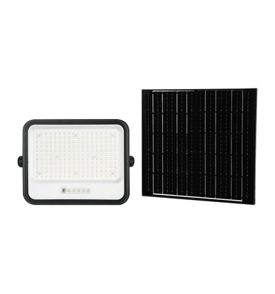 400W Solcelle LED projektør, 7-i-1 CCT - IP65, sort, LiFePO4 batteri, inkl. solpanel og batteriindikator