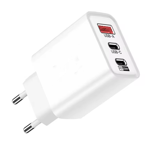 3-port USB oplader 65W - Hvid, USB-C+USB-A, perfekt til mobil og lamper