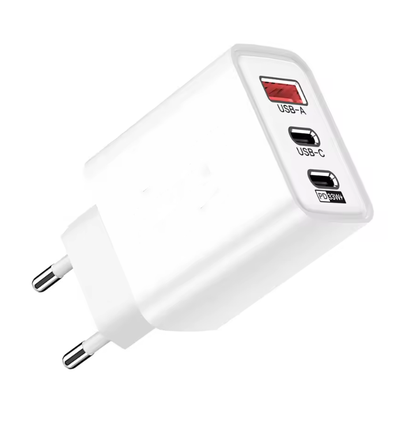 3-port USB oplader 65W - Hvid, USB-C+USB-A, perfekt til mobil og lamper