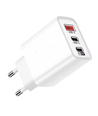 3-port USB oplader 65W - Hvid, USB-C+USB-A, perfekt til mobil og lamper