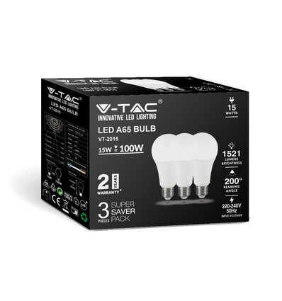 A65 VT-2015 LED 15W E27 - plastpære, 6500K, 200°, 3 stk./pakke