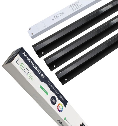 Sort Troldtekt LED Skinnesæt 3x60 cm - Planforsænket, Akustilight inkl. ledninger og driver