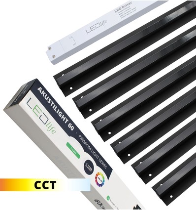 Sort Troldtekt CCT LED Skinnesæt 6x60 cm - Planforsænket, Akustilight inkl. ledninger og driver