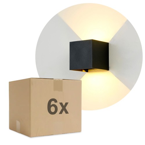 6 stk. 6W CUBIC PRO væglampe - IP65, sort, sløjfbar, justerbar, firkantet, op/ned, inde / ude, inkl. lyskilde