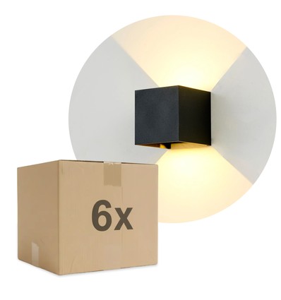 6 stk. 6W CUBIC PRO væglampe - IP65, sort, sløjfbar, justerbar, firkantet, op/ned, inde / ude, inkl. lyskilde