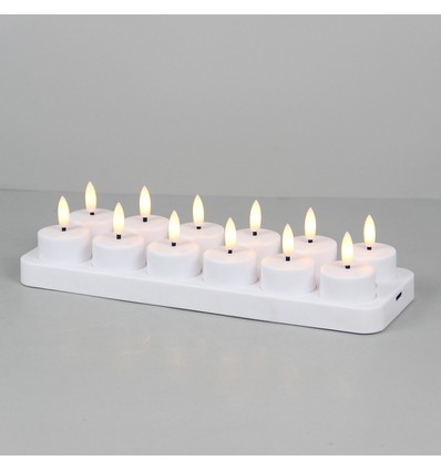 12-pak hvide LED fyrfadslys inkl. ladebase - Inkl. fjernb., timer