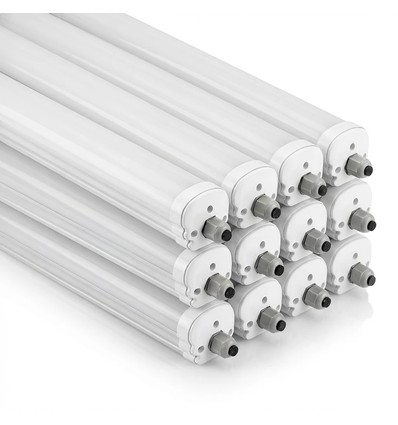 12 stk. V-Tac vandtæt 36W komplet LED armatur - 120 cm, 120lm/W, gennemfortrådet, IP65, 230V