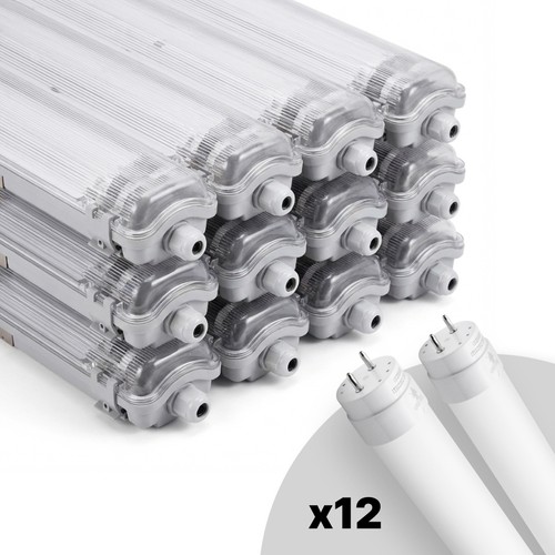 12 stk. Limea T8 LED dobbeltarmatur - Inkl. 24 stk. 24W 150cm LED rør, IP65 vandtæt