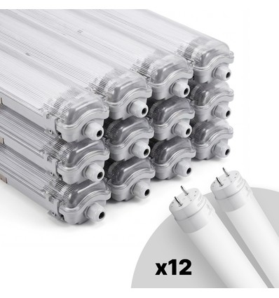 12 stk. Limea T8 LED dobbeltarmatur - Inkl. 24 stk. 24W 150cm LED rør, IP65 vandtæt
