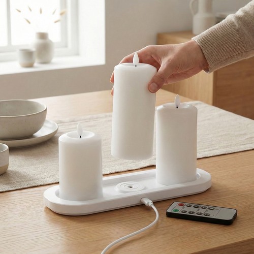 3-pak hvide LED bloklys inkl. ladebase - Ø7,5cm, 10/12,5/15 cm høj, inkl. fjernb., timer